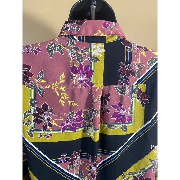Multicolor Floral/striped Button Up Top With Pockets/button Sleeves Size XS - Picture 9 of 16